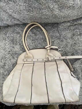 Coccinelle Taupe Black Seamed Leather  Shoulder Satchel with Belt Accent